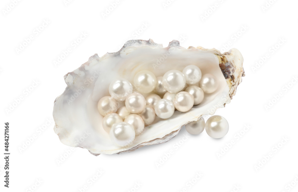 Oyster shell with pearls on white background Oyster shell with pearls on white background