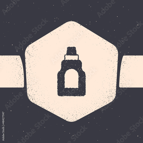 Grunge Plastic bottle for laundry detergent, bleach, dishwashing liquid or another cleaning agent icon isolated on grey background. Monochrome vintage drawing. Vector