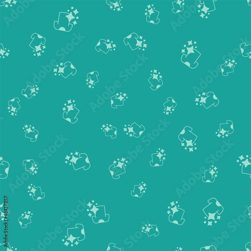 Green Drying clothes icon isolated seamless pattern on green background. Clean shirt. Wash clothes on a rope with clothespins. Clothing care and tidiness. Vector