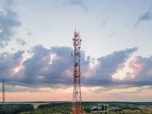 Telecommunication tower 5G, Wireless GSM Antenna connection system of communication systems in countryside.