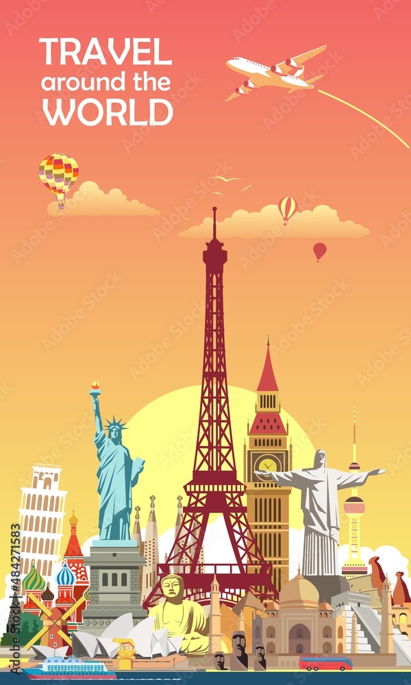 Traveling the wonders of the world on vacation, famous building symbols and vector poster design.