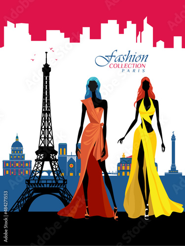 Paris dress fashion, attractive women silhouettes poster design with evening dresses on eiffel tower and paris city background.