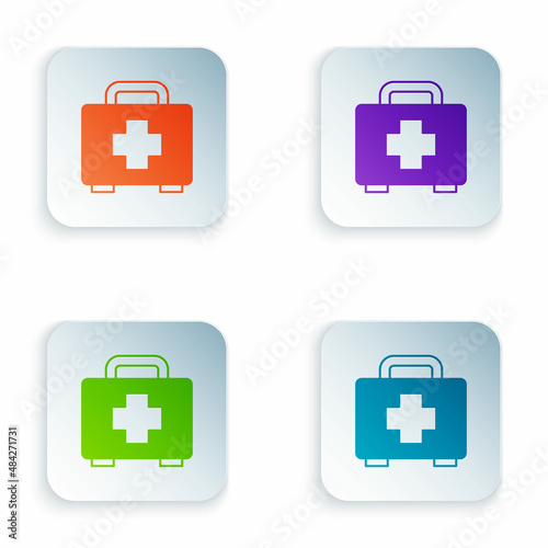 Color First aid kit icon isolated on white background. Medical box with cross. Medical equipment for emergency. Healthcare concept. Set colorful icons in square buttons. Vector