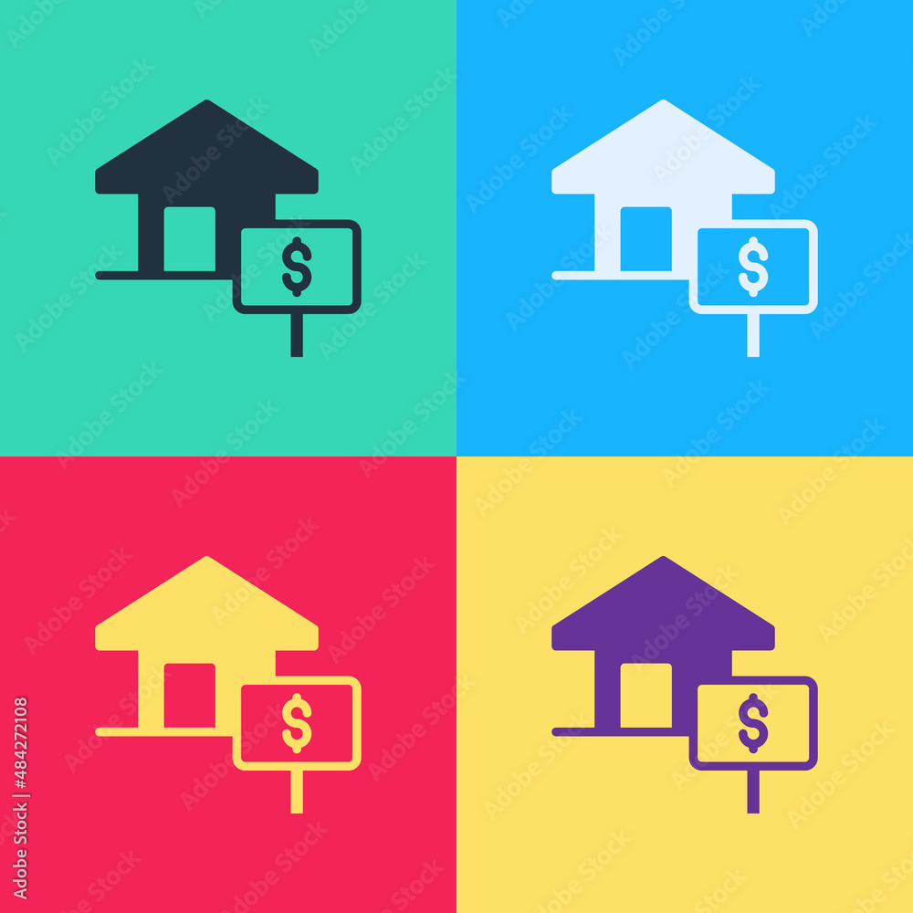 Pop art House with dollar symbol icon isolated on color background. Home and money. Real estate concept. Vector Pop art House with dollar symbol icon isolated on color background. Home and money. Real estate concept. Vector