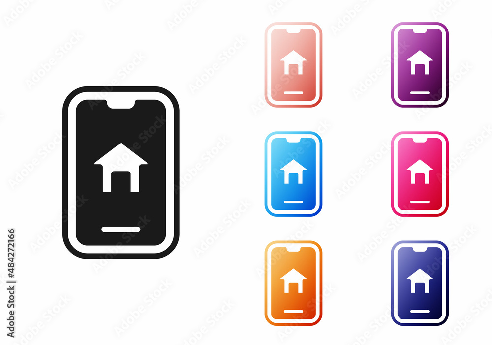 Black Online real estate house on smartphone icon isolated on white background. Home loan concept, rent, buy, buying a property. Set icons colorful. Vector Black Online real estate house on smartphone icon isolated on white background. Home loan concept, rent, buy, buying a property. Set icons colorful. Vector