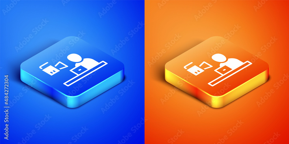 Isometric Breaking news icon isolated on blue and orange background. News on television. News anchor broadcasting. Mass media. Evening news. Square button. Vector
