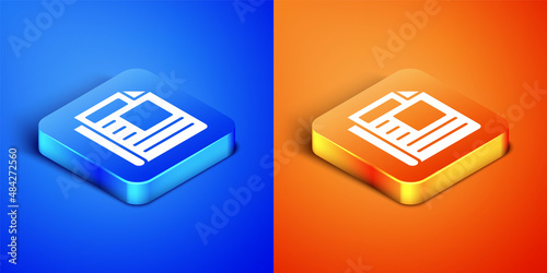 Isometric News icon isolated on blue and orange background. Newspaper sign. Mass media symbol. Square button. Vector