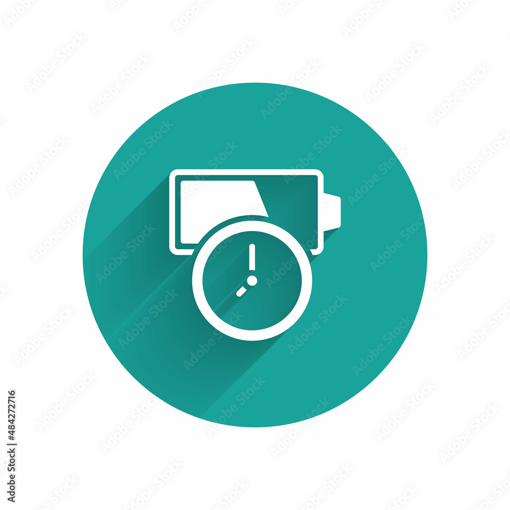 White Battery charge level indicator icon isolated with long shadow background. Green circle button. Vector White Battery charge level indicator icon isolated with long shadow background. Green circle button. Vector