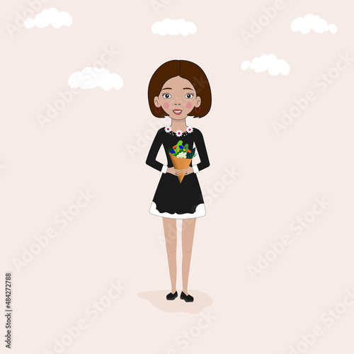 Beautiful Cute and Stylish Girl Holding Bouquet of Flowers,Smiling Little Girl in Short Black Dress.