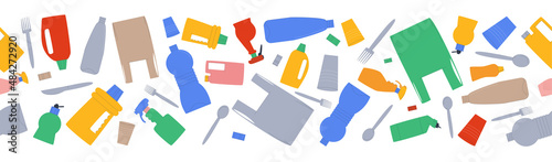 A variety of plastic bottles, bags, disposable tableware on a white background. Eco banner. Concept of plastic pollution problem. Flat vector illustration.