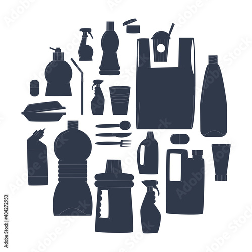 Diverse plastic bottles, packages, disposable tableware on a white background. Concept of plastic pollution problem. Silhouette illustration. Flat vector.