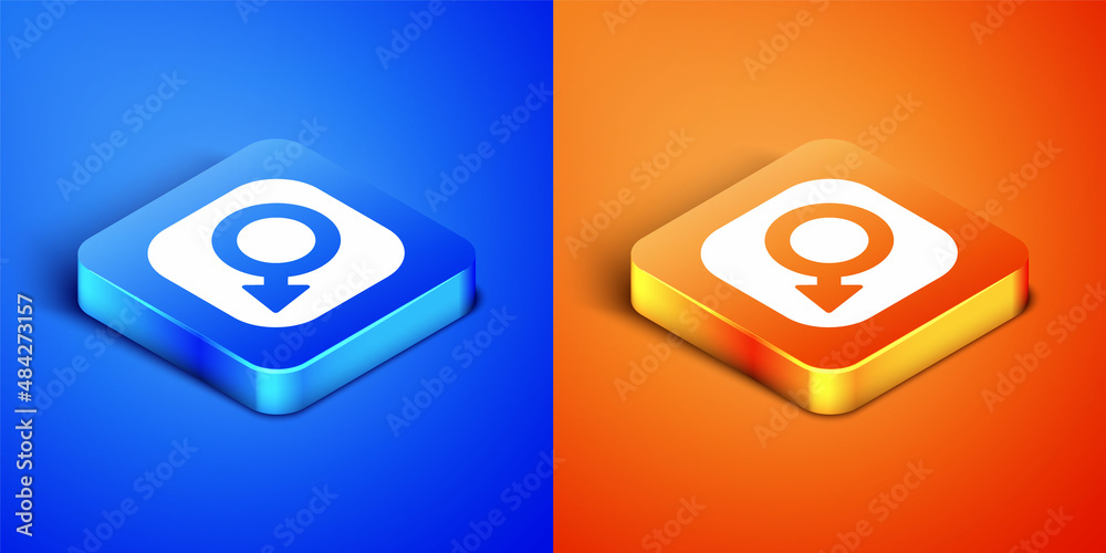 Isometric Male gender symbol icon isolated on blue and orange background. Square button. Vector Isometric Male gender symbol icon isolated on blue and orange background. Square button. Vector