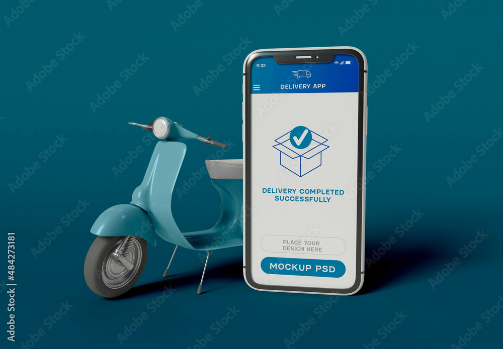 Smartphone with Delivery Motorcycle Mockup Stock Template | Adobe Stock