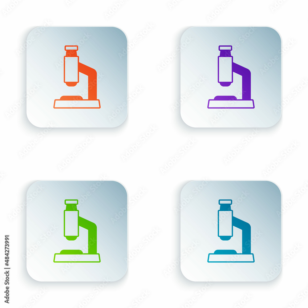 Color Microscope icon isolated on white background. Chemistry, pharmaceutical instrument, microbiology magnifying tool. Set colorful icons in square buttons. Vector Color Microscope icon isolated on white background. Chemistry, pharmaceutical instrument, microbiology magnifying tool. Set colorful icons in square buttons. Vector