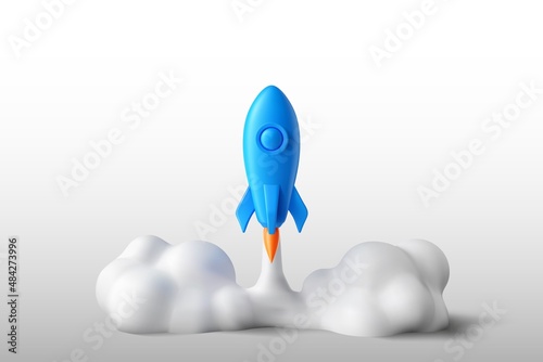 Realistic 3d blue rocket flying in space. Spaceship rocket lunch icon isolated on white background. Catroon space shuttle for startup business concept. Vector simple illustration