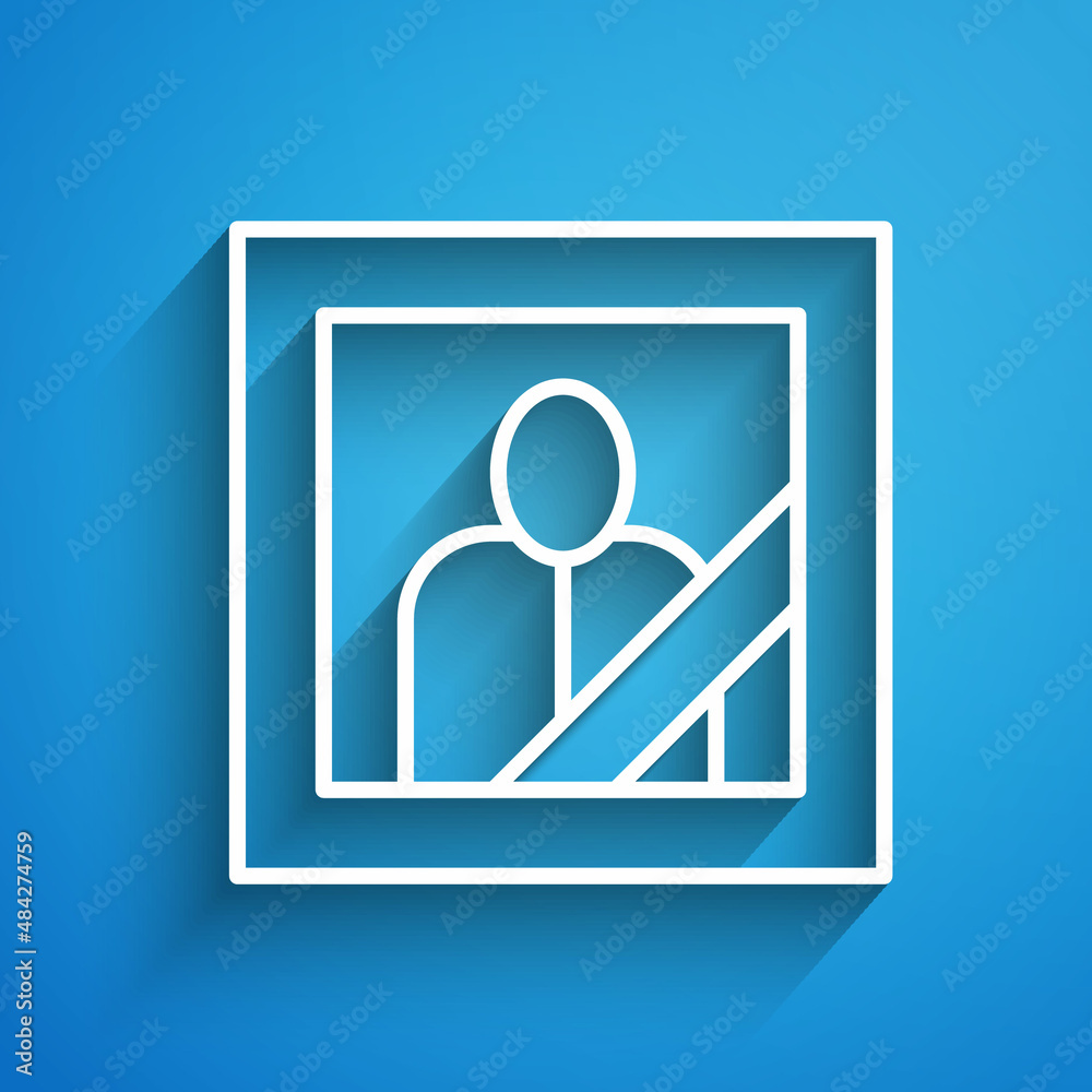 White line Mourning photo frame with black ribbon icon isolated on blue background. Funeral ceremony and condolence card layout. Long shadow. Vector White line Mourning photo frame with black ribbon icon isolated on blue background. Funeral ceremony and condolence card layout. Long shadow. Vector