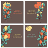 Set of four minimalist square backgrounds with berries on a branch. Elements of plants in the design of postcards, flyers, invitations, flyers, business cards, banners. 