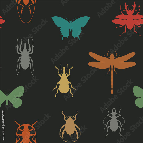 Childish seamless pattern with colored silhouettes of various insects. Repeating vector background with butterflies, beetles, dragonfly on a black backdrop. Wallpaper, wrapping paper or fabric design