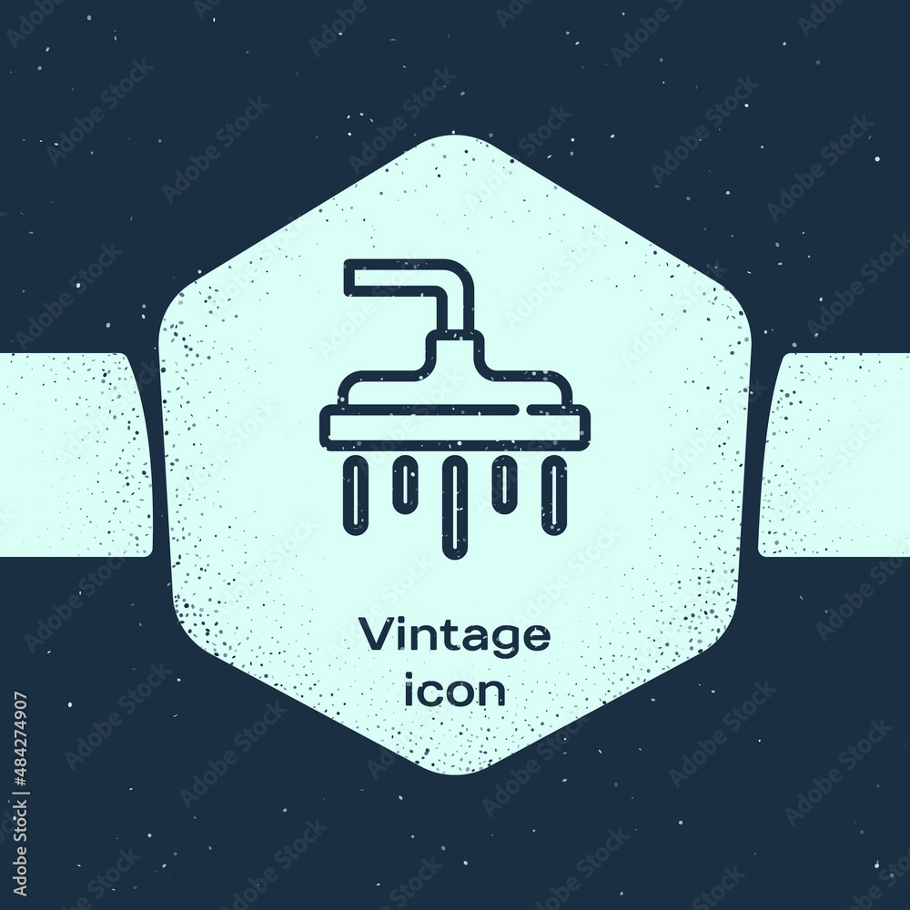 Grunge line Shower head with water drops flowing icon isolated on blue background. Monochrome vintage drawing. Vector Grunge line Shower head with water drops flowing icon isolated on blue background. Monochrome vintage drawing. Vector
