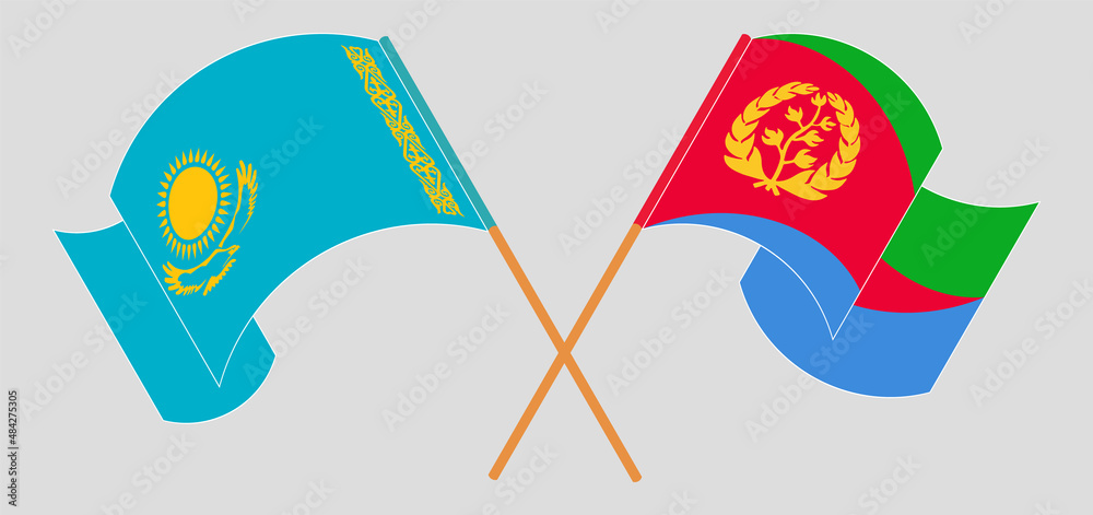 Crossed and waving flags of Kazakhstan and Eritrea