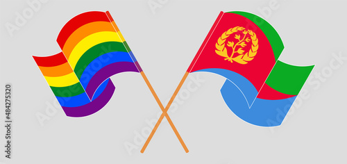 Crossed and waving flags of LGBTQ and Eritrea