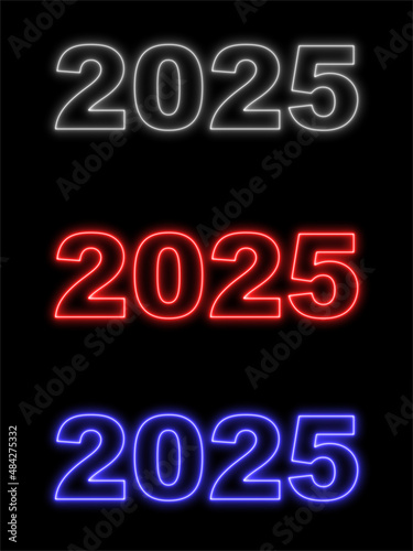 2025 Text Title - Neon Effect Black Background - 3D Illustration