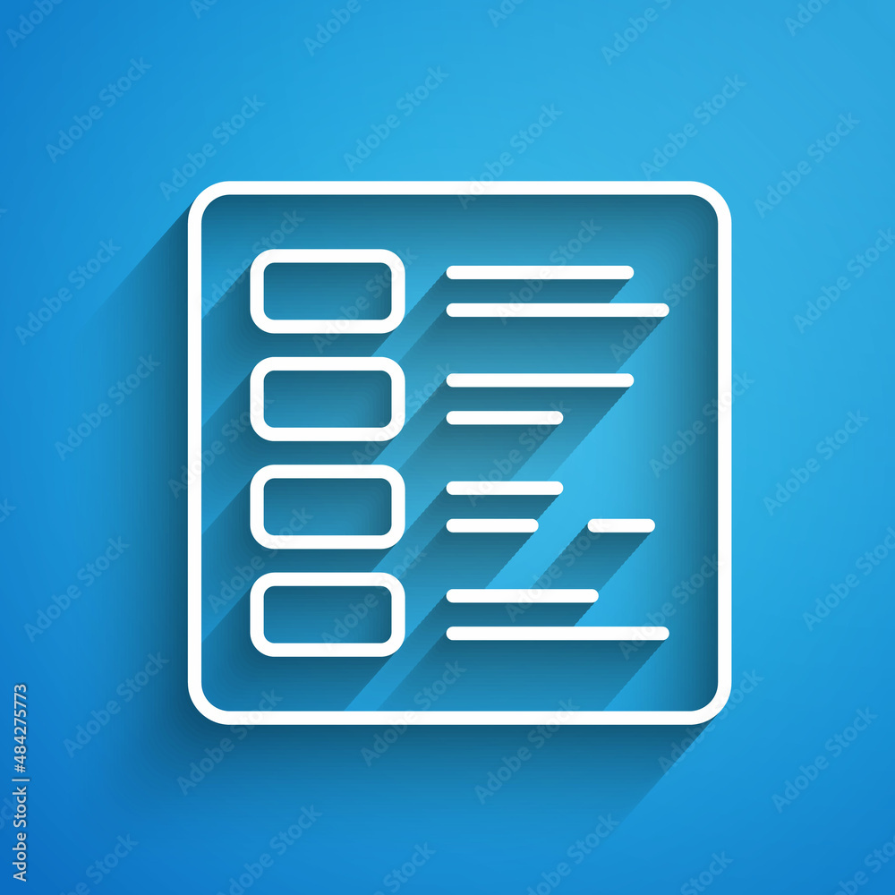 White line Business finance report icon isolated on blue background. Audit and analysis, document, plan symbol. Long shadow. Vector White line Business finance report icon isolated on blue background. Audit and analysis, document, plan symbol. Long shadow. Vector