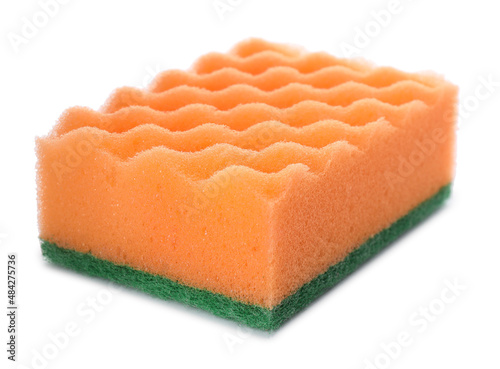 Orange cleaning sponge with abrasive green scourer isolated on white