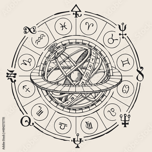Vector circle of the Zodiac signs with icons and hand-drawn Ptolemaic Geocentric System on an old paper. Monochrome banner with horoscope symbols for astrological predictions in vintage style