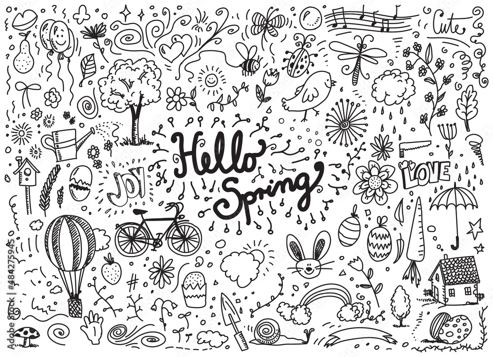 Hello spring cute vector doodles on white background
