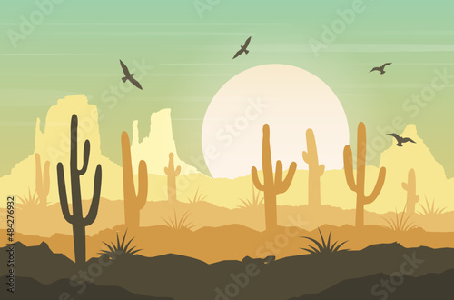 Desert landscape background with dunes, cacti, sun
and birds. Silhouette of desert and cacti. Sunny day in the desert. Vector illustration