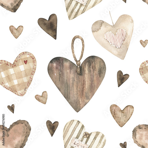 Watercolor wooden hearts seamless pattern. Cute Valentines Day.