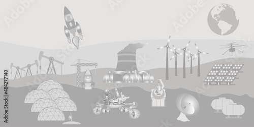 Mars colonization concept. Expedition colonization complex. Rockets, electrostation, residential infrastructure. Grayscale colors. Vector illustration