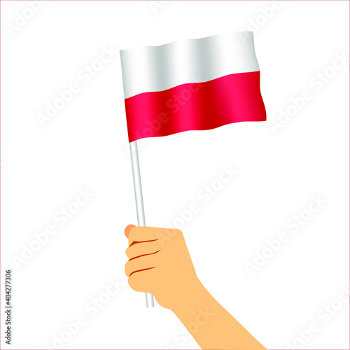 Hand holding Polish flag. State flag of Poland. National white-red flag. Vector illustration isolated on white background.