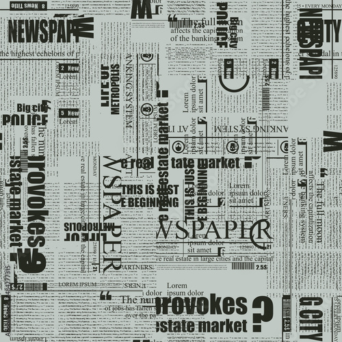 Abstract seamless pattern with chaotic layering of illegible newspaper text and titles on a grey backdrop. Monochrome vector background in retro style, wallpaper, wrapping paper or fabric design