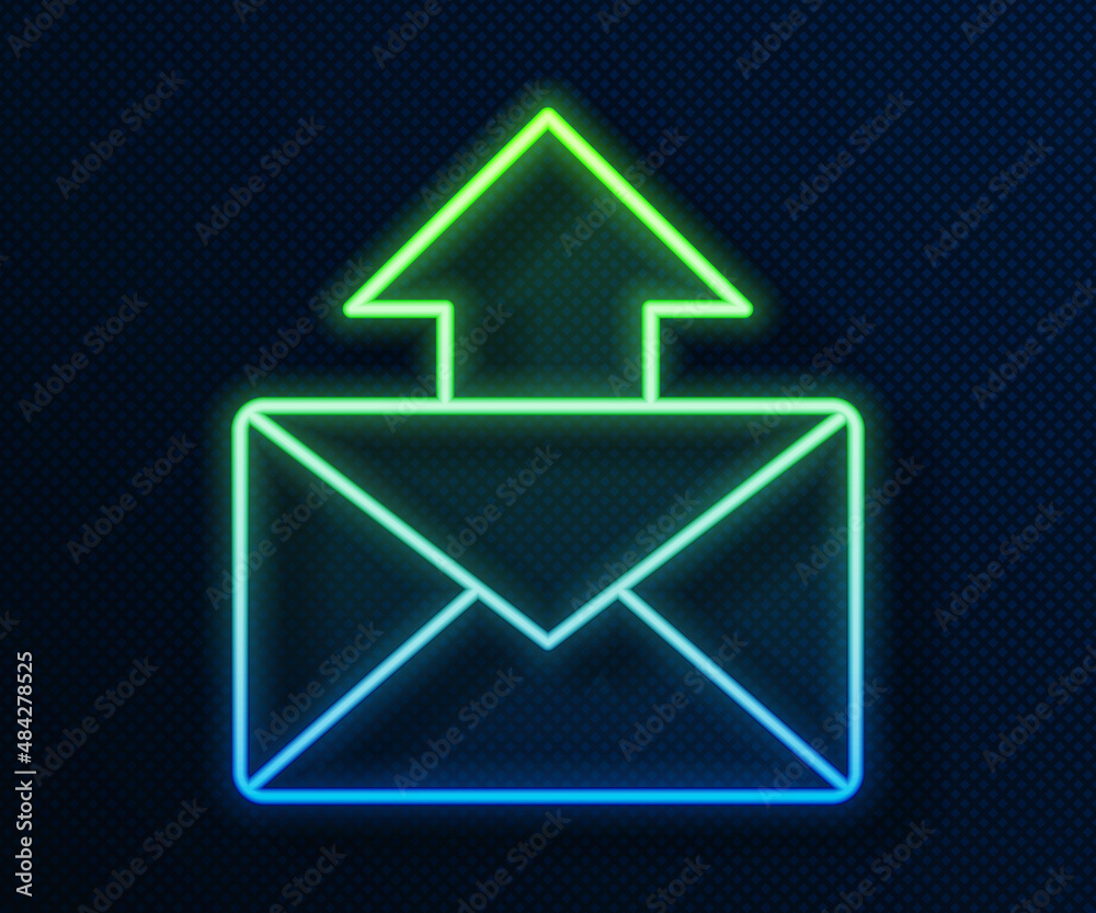 Fototapeta premium Glowing neon line Mail and e-mail icon isolated on blue background. Envelope symbol e-mail. Email message sign. Vector