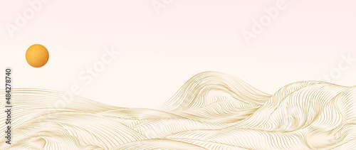 Japanese wave background with gold line art. Oriental vector pattern with ocean waves for design decoration, banner, poster