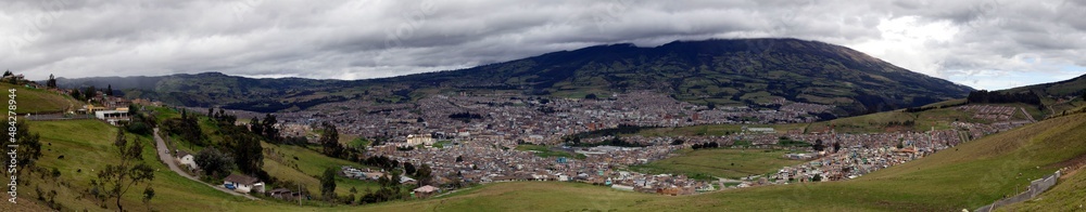 Panorama of mountains and valley towns in the jungle of Colombia.
