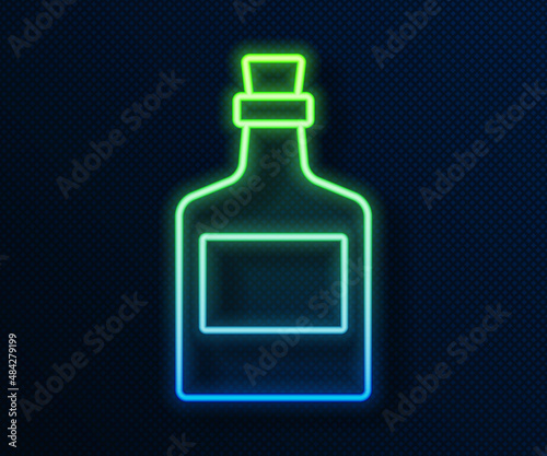 Glowing neon line Alcohol drink Rum bottle icon isolated on blue background. Vector