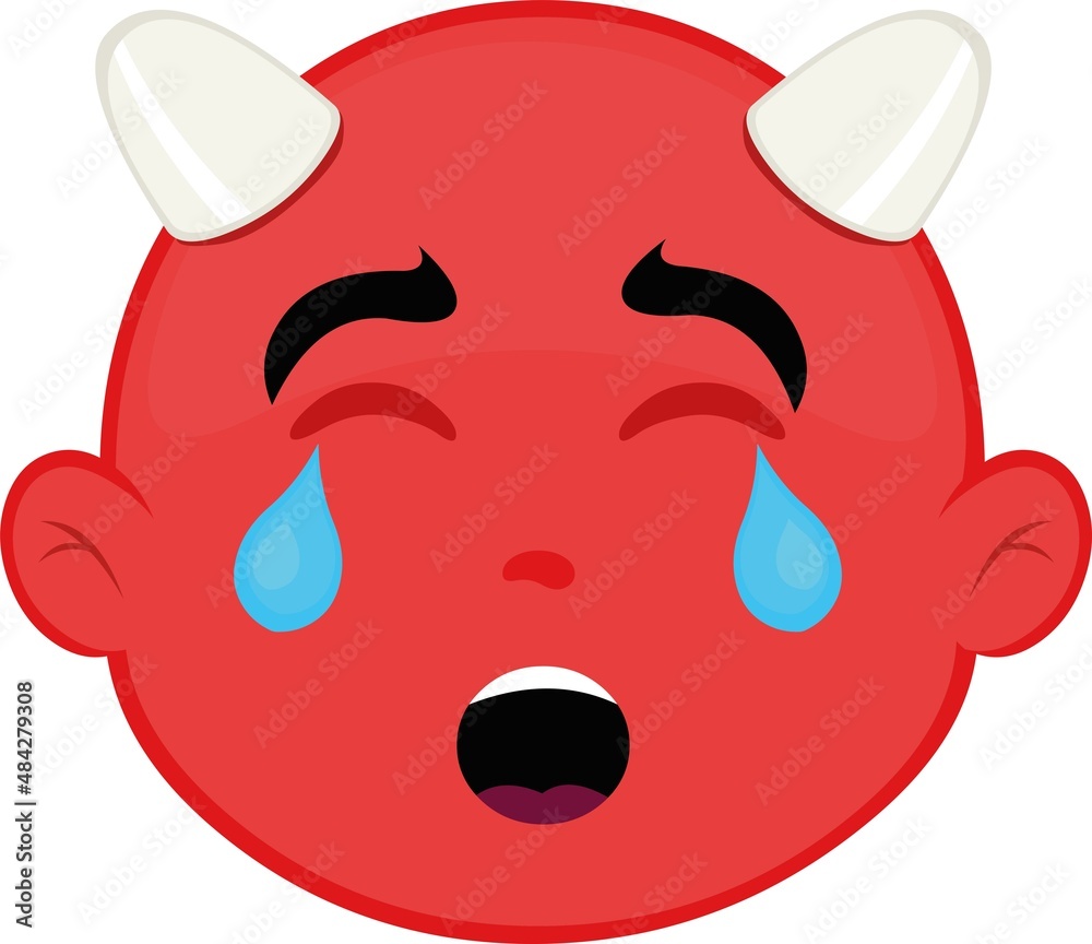 Vector illustration of a cartoon devil face with a sad expression, crying and tears falling from his eyes Vector illustration of a cartoon devil face with a sad expression, crying and tears falling from his eyes