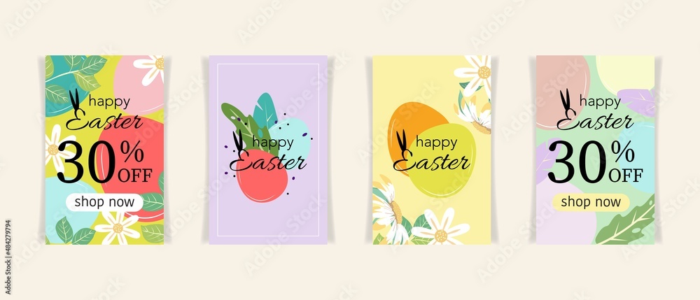 Collection of Happy Easter templates with flowers and eggs. For banners, posters, advertisements, cards, flyers.