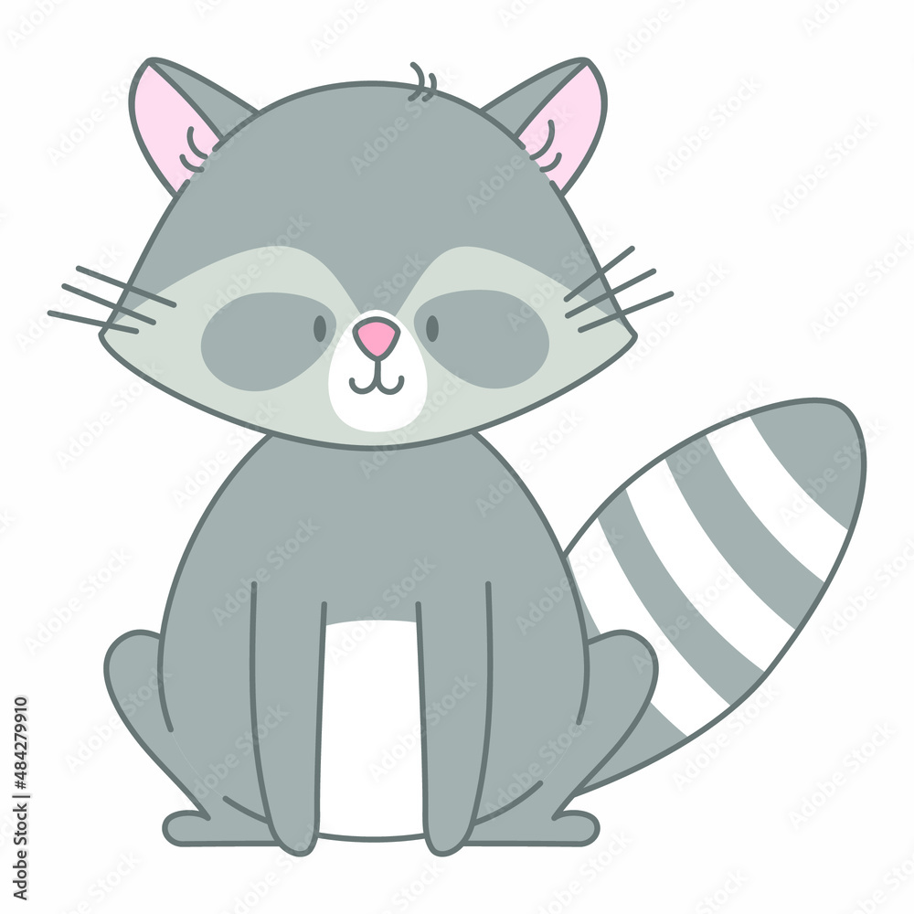 Obraz premium Sitting racoon vector illustration. Cute animal in flat style. Pastel pink and grey colours. Kids childish design. Nursery funny illustration for babies. Wildlife animal character. 