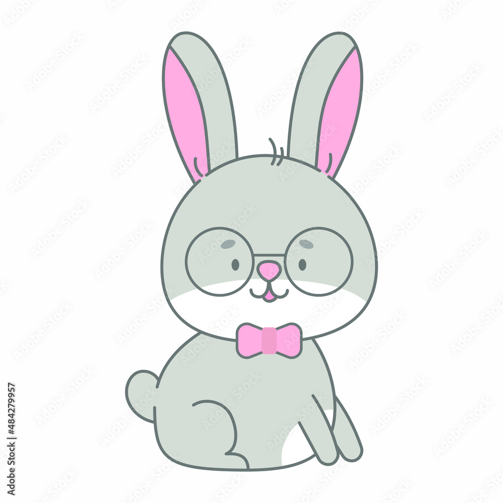 Sitting rabbit vector illustration. Cute animal in flat style. Pastel pink and grey colours. Hare kids childish design. Nursery funny bunny illustration for babies. Wildlife animal character.
