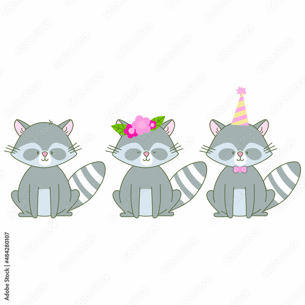 Sitting racoon vector illustration. Cute animal in flat style. Pastel pink and grey colours. Kids childish design. Nursery funny illustration for babies. Wildlife animal character.
Sitting racoon vector illustration. Cute animal in flat style. Pastel pink and grey colours. Kids childish design. Nursery funny illustration for babies. Wildlife animal character.