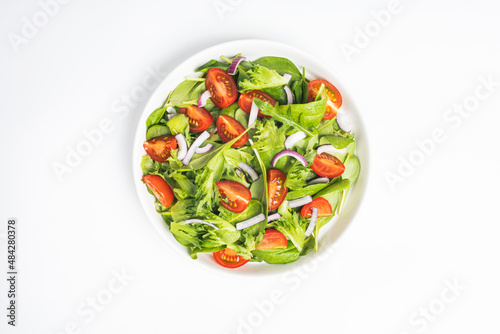 Summre green salad in white bowl plate on grey table