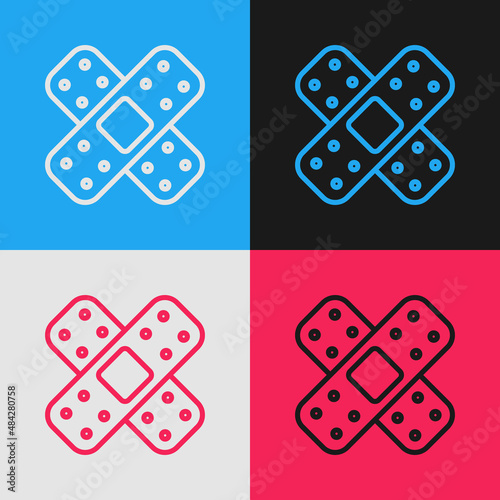 Pop art line Crossed bandage plaster icon isolated on color background. Medical plaster, adhesive bandage, flexible fabric bandage. Vector