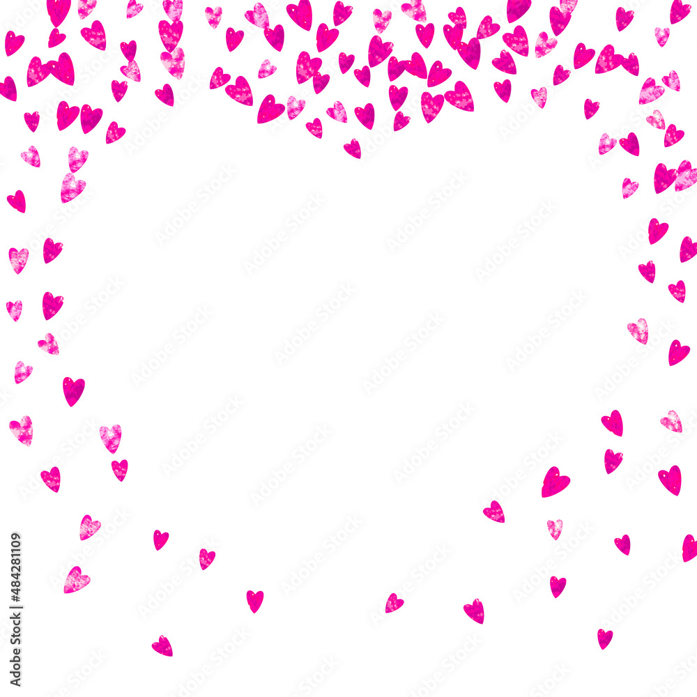 Valentine background with red glitter hearts. February 14th day. Vector confetti for valentine background template. Grunge hand drawn texture. Love theme for voucher, special business ad, banner.