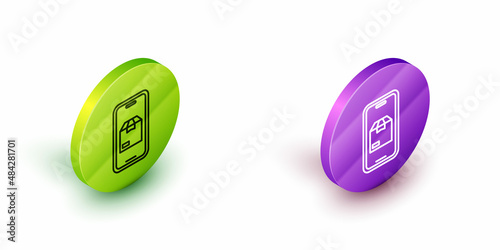 Isometric line Mobile smart phone with app delivery tracking icon isolated on white background. Parcel tracking. Green and purple circle buttons. Vector