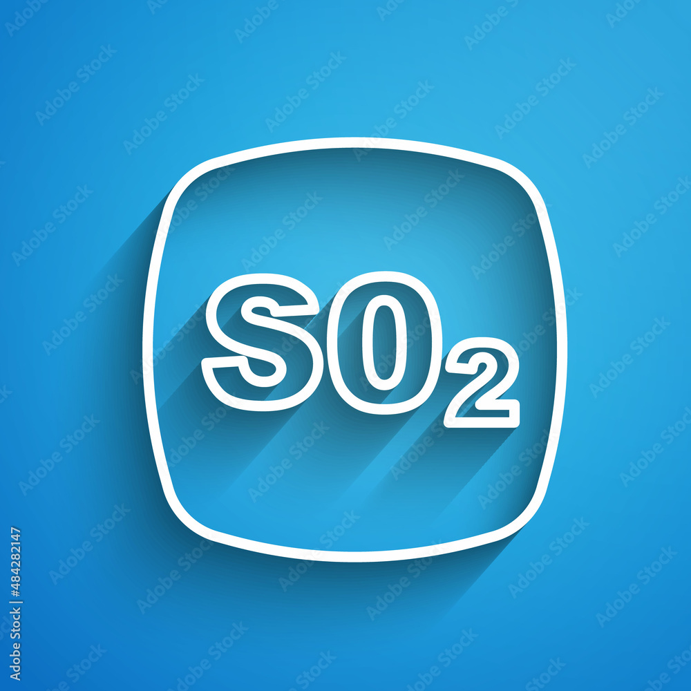 White line Sulfur dioxide SO2 gas molecule icon isolated on blue background. Structural chemical formula and molecule model. Long shadow. Vector White line Sulfur dioxide SO2 gas molecule icon isolated on blue background. Structural chemical formula and molecule model. Long shadow. Vector