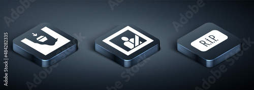 Set Isometric Coffin in grave, Speech bubble rip death and Mourning photo frame icon. Vector